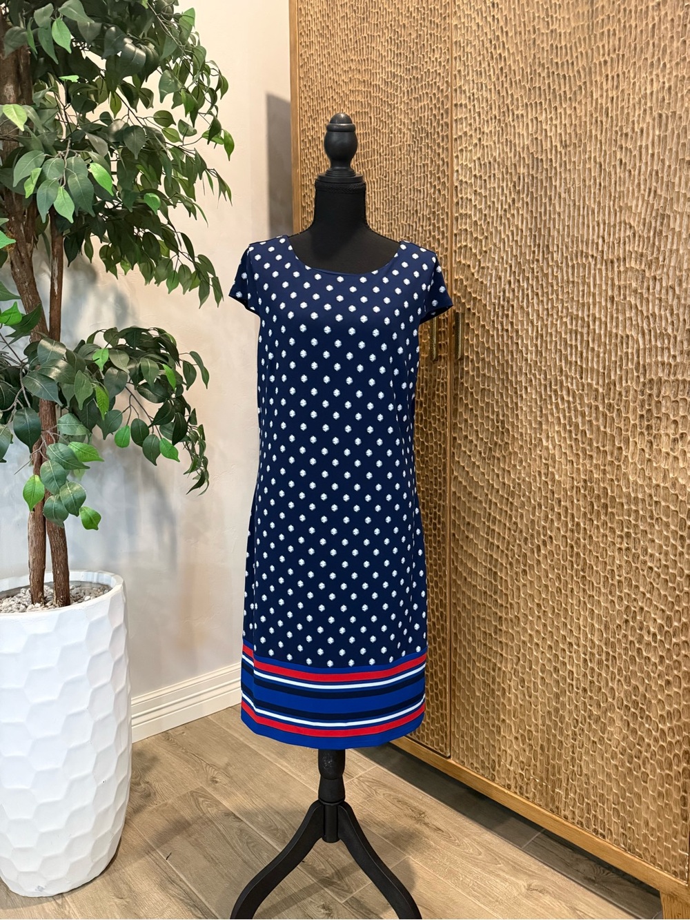 Liz Claiborne Navy Polka Dot Midi Dress with Red & Blue Stripe Hem